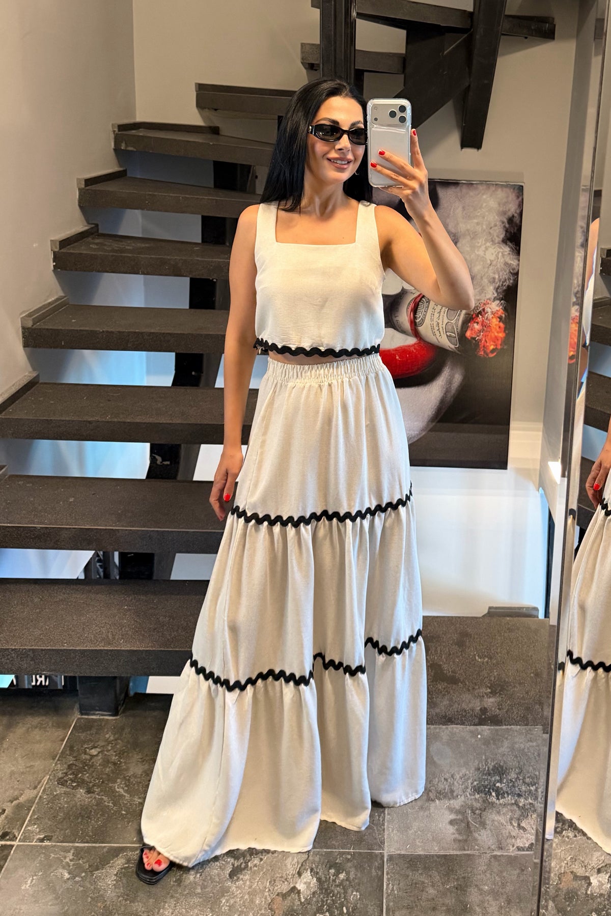 Naturel Siyah Şerit Detaylı Keten Etek Bluz Takım SY-3727-Naturel