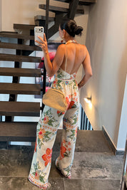 Island Girl Tropikal Crop Bluz Pantolon Takım SY-3766-Krem