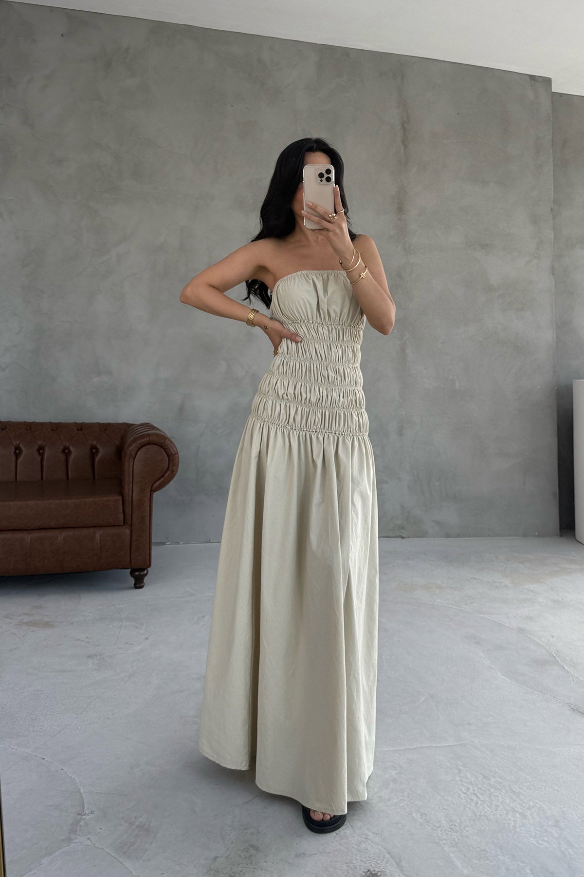 Açık Haki Büzgün Detaylı Paris Maxi Elbise SY-3196-Açık Haki