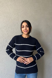 Lacivert Beyaz Çizgili Bisiklet Yaka Kazak SY-1150-Lacivert