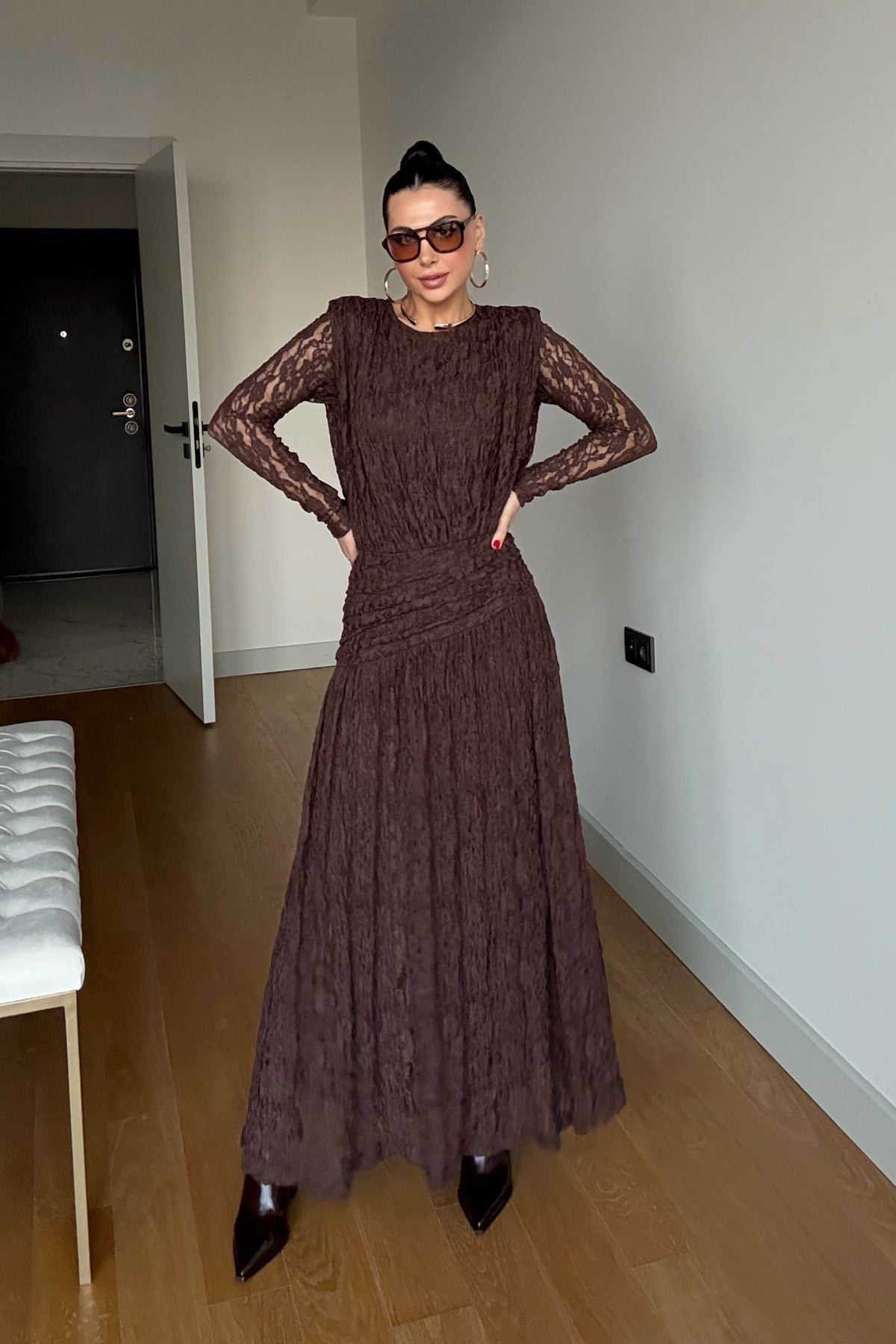 Kahverengi Güpürli Maxi Tasarım Elbise SY-3503-Kahverengi