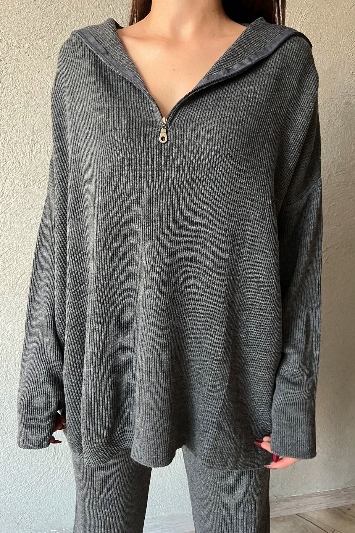 Antrasit Fermuarlı Fitilli Oversize Kazak ve Pantolon Takımı SY-1257-Antrasit