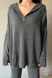 Antrasit Fermuarlı Fitilli Oversize Kazak ve Pantolon Takımı SY-1257-Antrasit