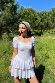 Beyaz Dantel Detaylı Vintage Mini Elbise SY-2113-Beyaz