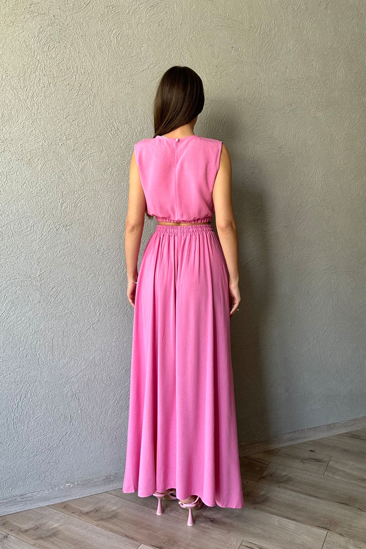 Pembe Keten Lastik Detaylı Uzun Etek ve Crop Takım SY-0516-Pembe