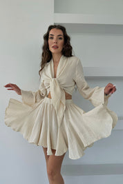 Bej Bağlama Detay Bluz ve Fırfırlı Etek Takım SY-0401-Bej