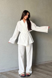 Ekru Önü Bağlama Detaylı Kimono Pantolon Keten Takım SY-2047-Ekru