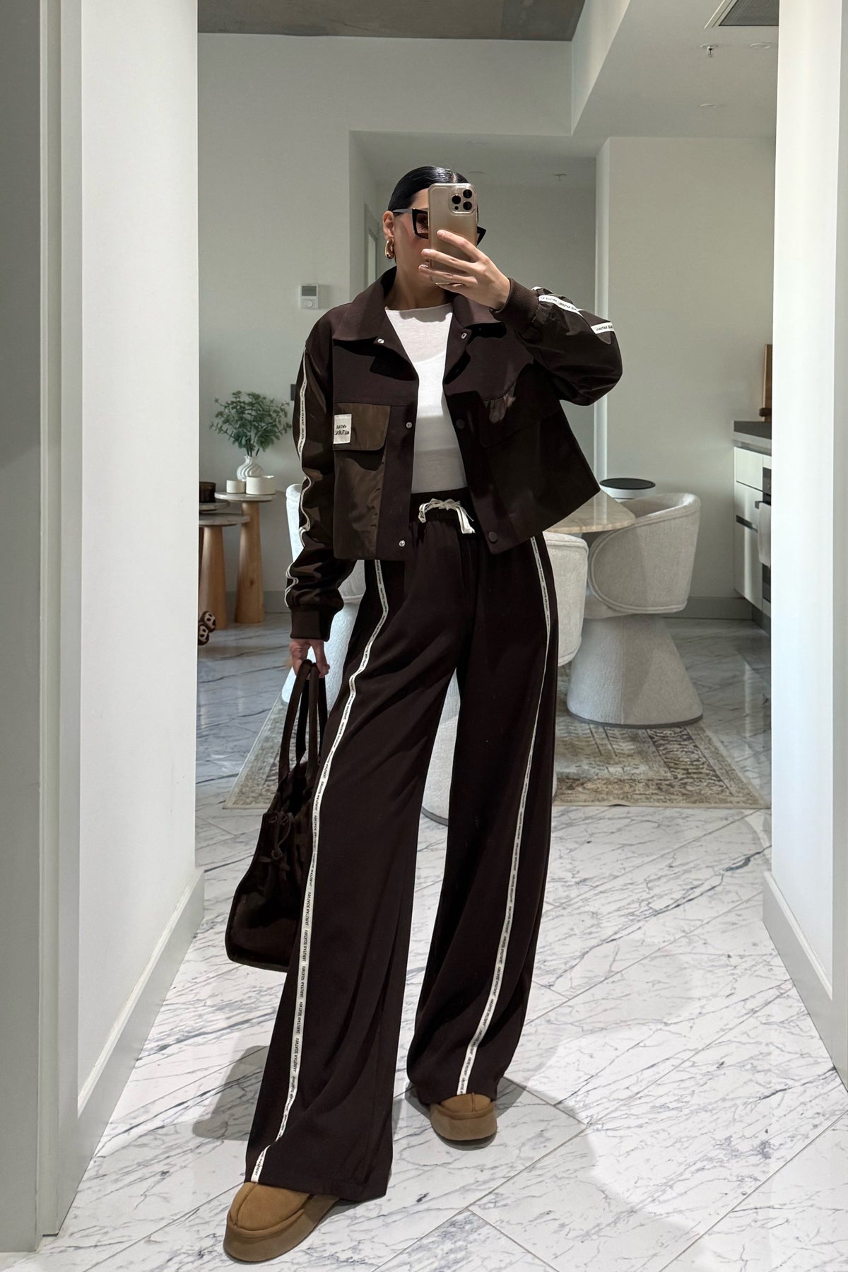 Kahverengi Şerit Yazı Detaylı Yüksek Bel PANTOLON SY-3392-Kahverengi