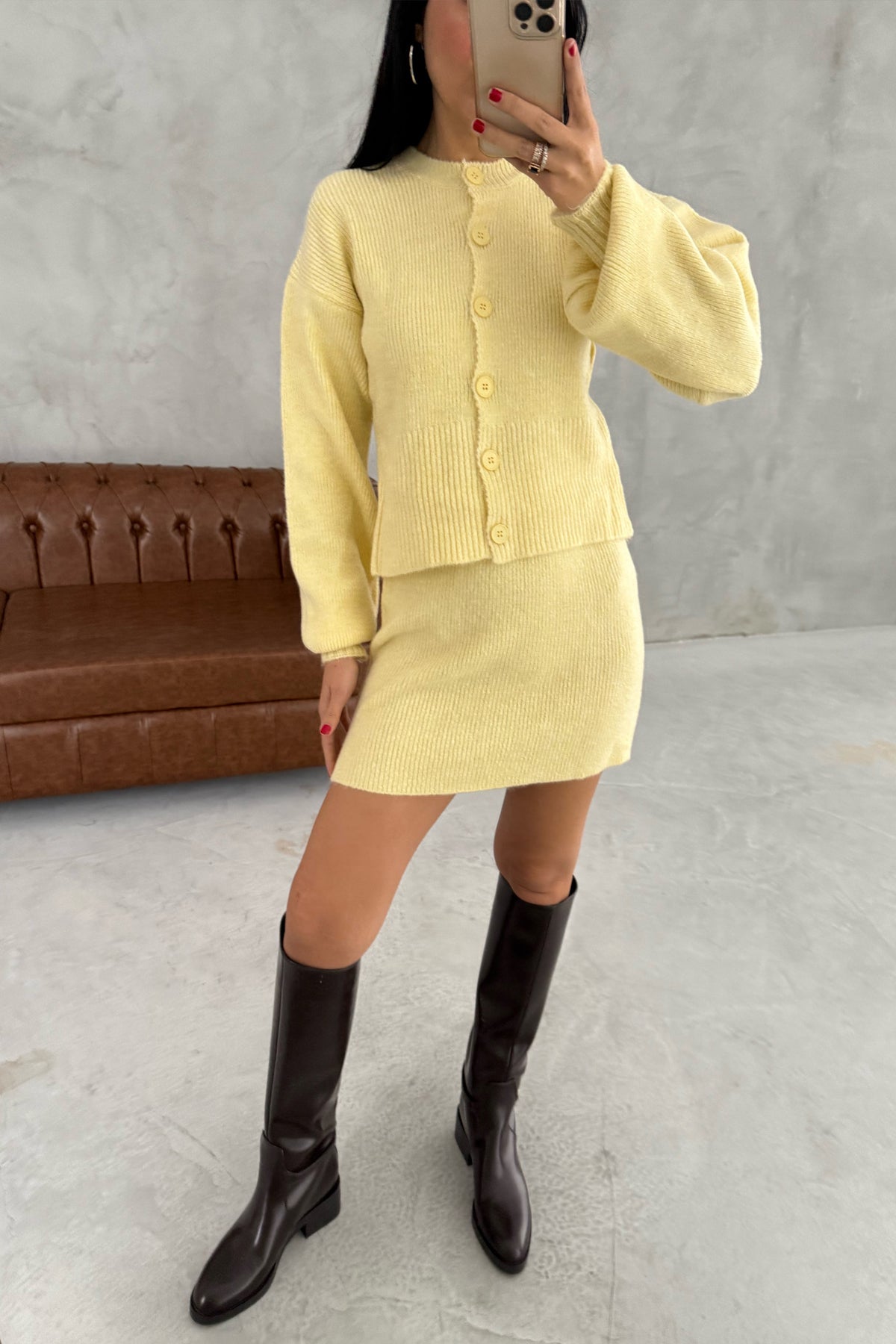 Sarı Kırçıllı Etek Hırka Triko Takım SY-3455-Sarı