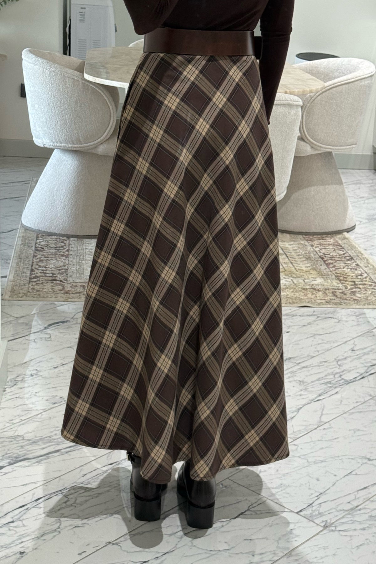 Kahve-Bej Ekose Desenki Kloş Etek SY-3527-Kahverengi