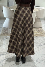 Kahve-Bej Ekose Desenki Kloş Etek SY-3527-Kahverengi