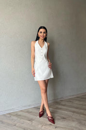 Ekru Düğme Detaylı Boyundan Bağlamalı Yelek SY-3372-Ekru