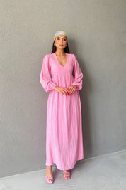 Pembe Gofre V Yaka Uzun Elbise SY-3031-Pembe