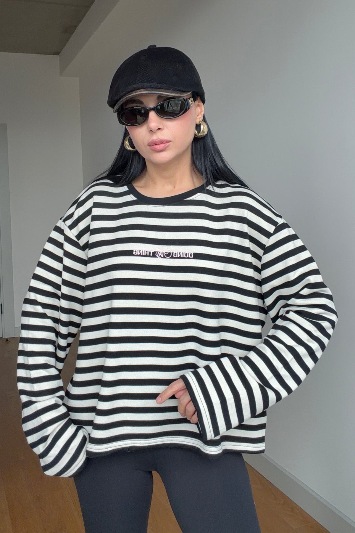 Siyah-Ekru Çizgili Basic Sweatshirt SY-3902-Siyah