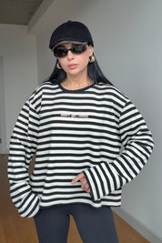 Siyah-Ekru Çizgili Basic Sweatshirt SY-3902-Siyah