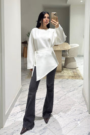 Bağlama Parçalı Scuba Beyaz Bluz SY-3605-Beyaz