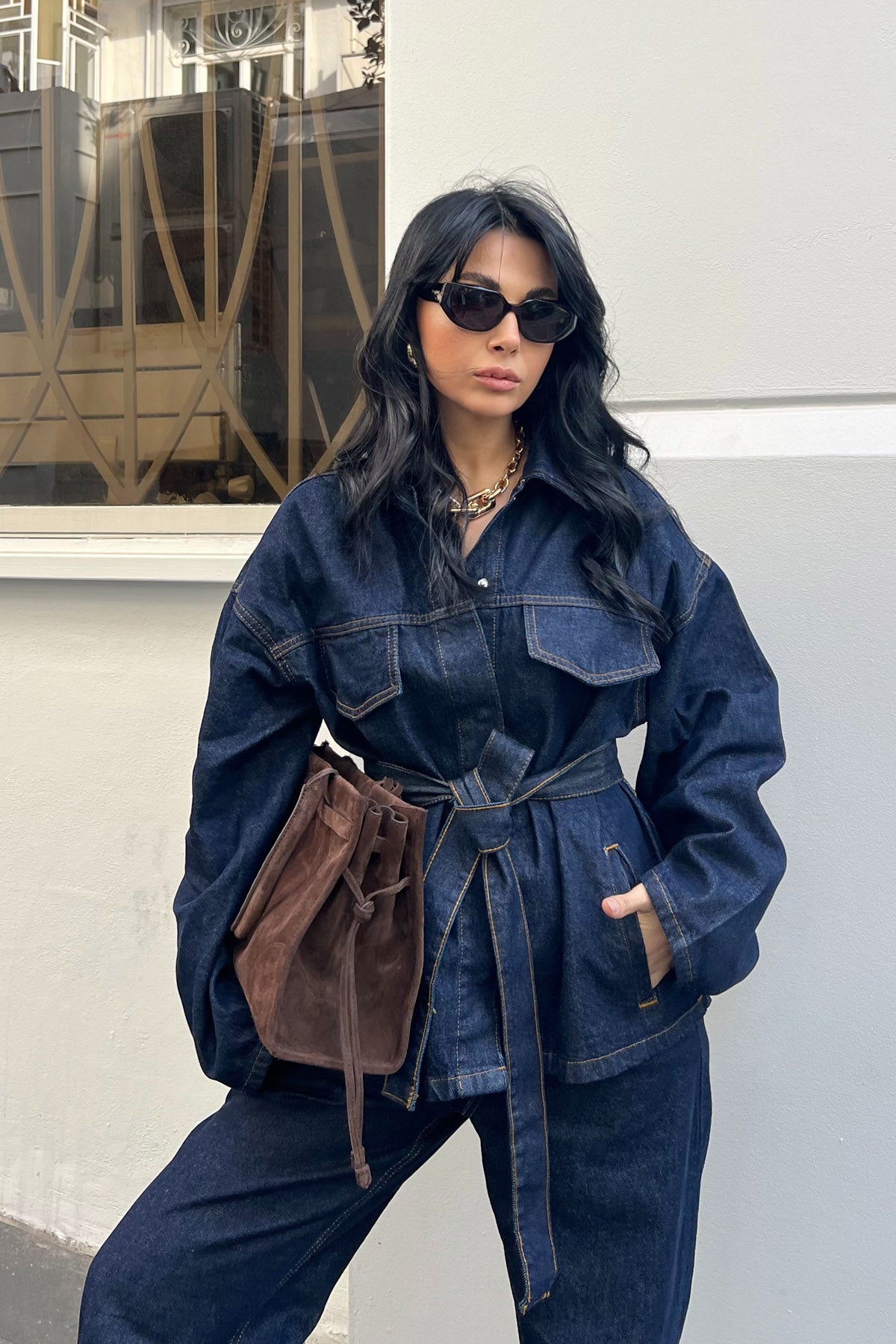 Koyu Lacivert Beli Bağlamalı Denim Ceket Pantolon Takım SY-2884-Lacivert