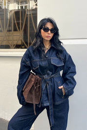 Koyu Lacivert Beli Bağlamalı Denim Ceket Pantolon Takım SY-2884-Lacivert