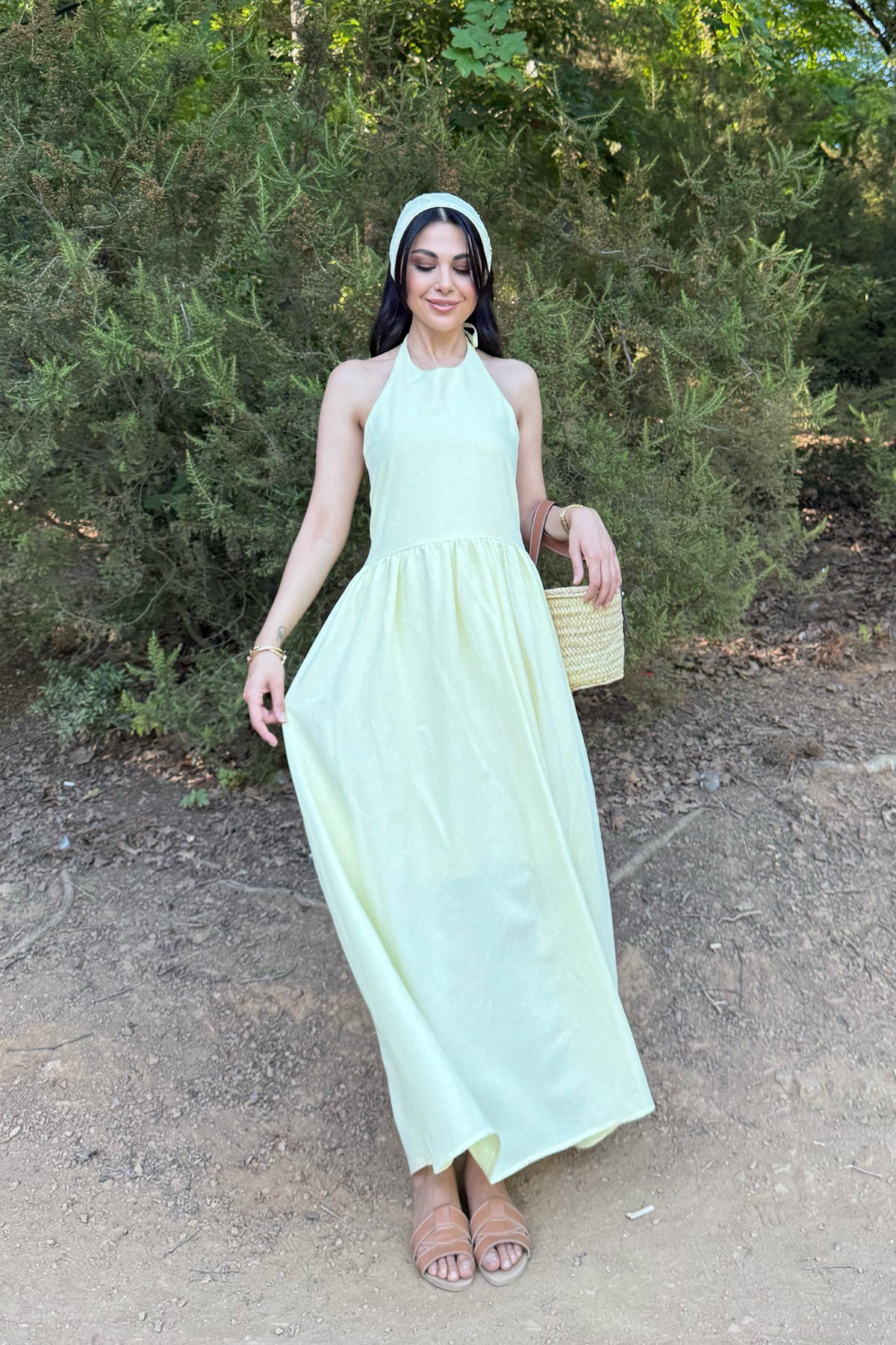 Sarı Arkası Gipeli Boyundan Bağlamalı Elbise SY-3236-Sarı