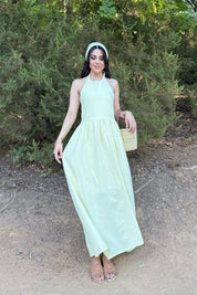 Sarı Arkası Gipeli Boyundan Bağlamalı Elbise SY-3236-Sarı