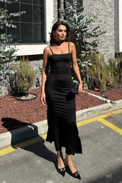 Siyah Gold Kuşaklı Midi Elbise SY-3332-Siyah