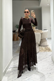 Gold Toka Detaylı Kahverengi Dantel Etek SY-3546-Kahverengi