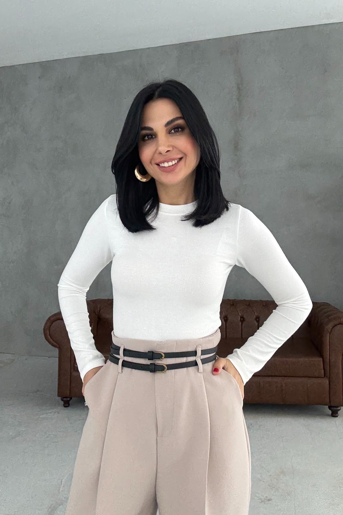 Bej Çift Kemerli Premium Palazzo Pantolon SY-3471-Bej