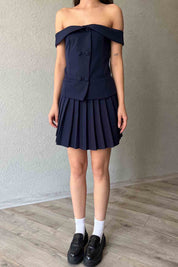 Lacivert Madonna Yaka Yelek  Etek Takım SY-1975- Lacivert