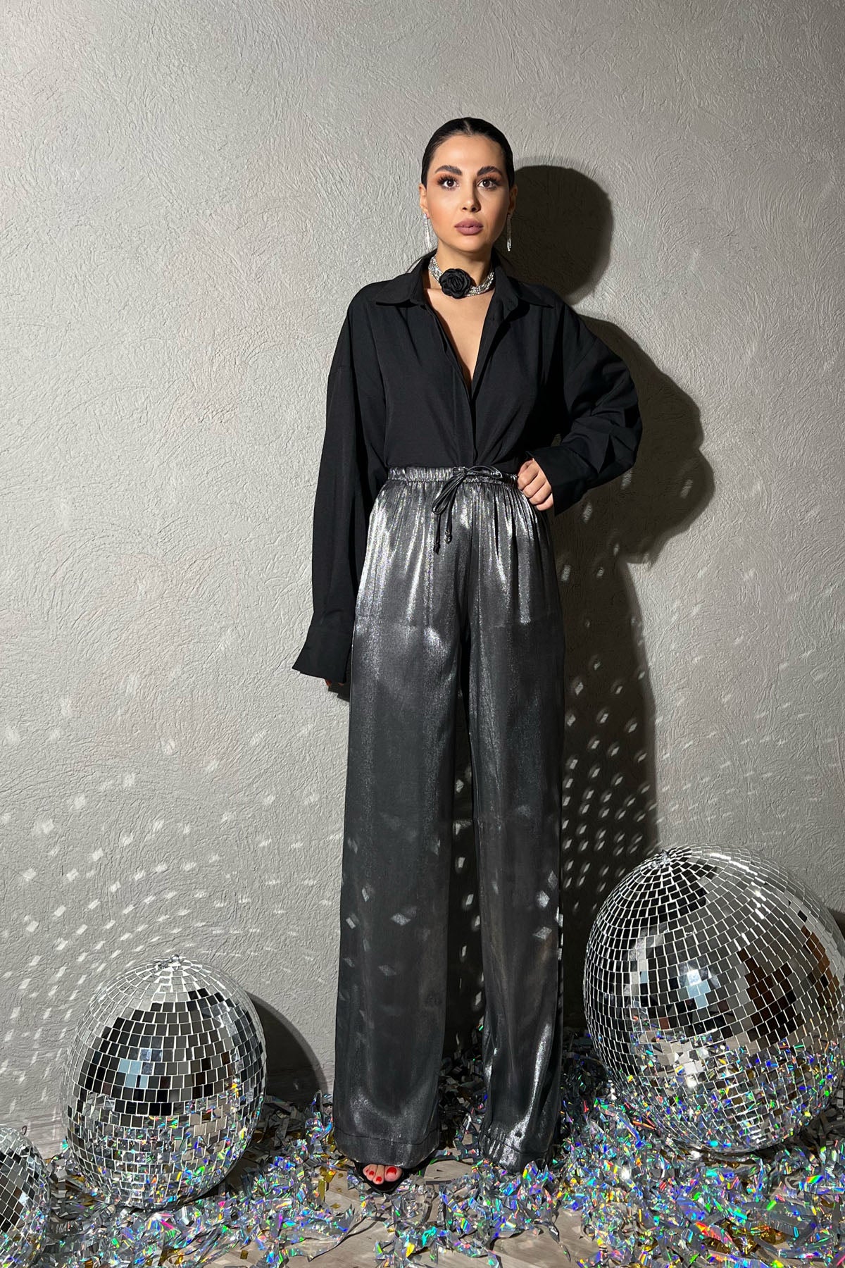 Gümüş Beli Lastikli Parlak Baskılı Bol Paça Pantolon SY-1359-Gümüş