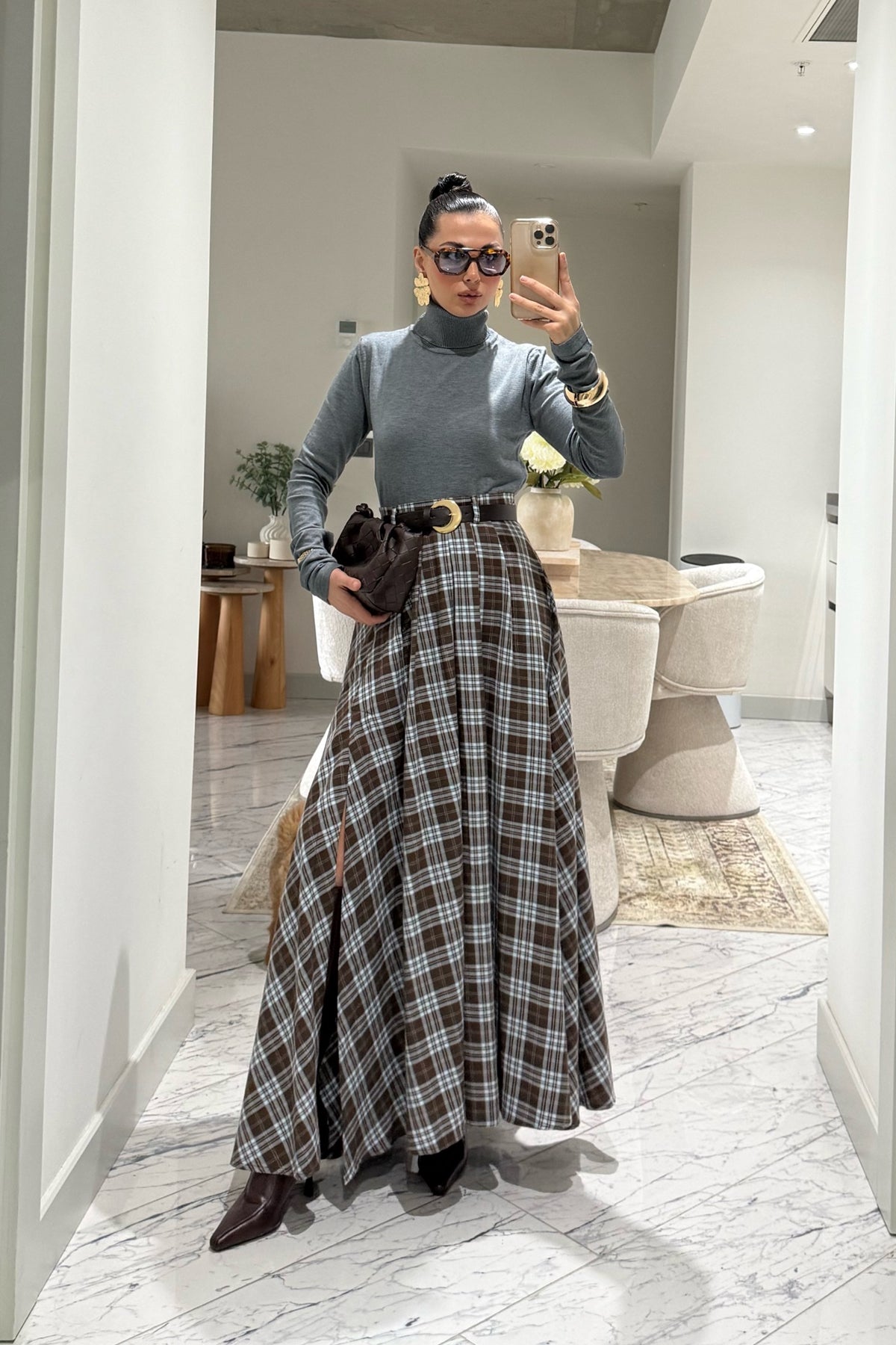 Ekose Desenli Yırtmaç Detaylı Kahveli Çizgili Kloş Etek SY-3494-Kahve