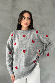 Gri Kalp Nakışlı Triko Kazak SY-2387-Gri