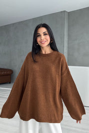 Kahve Bisiklet Yaka Oversize Pinterest Triko Kazak SY-3343-Kahve