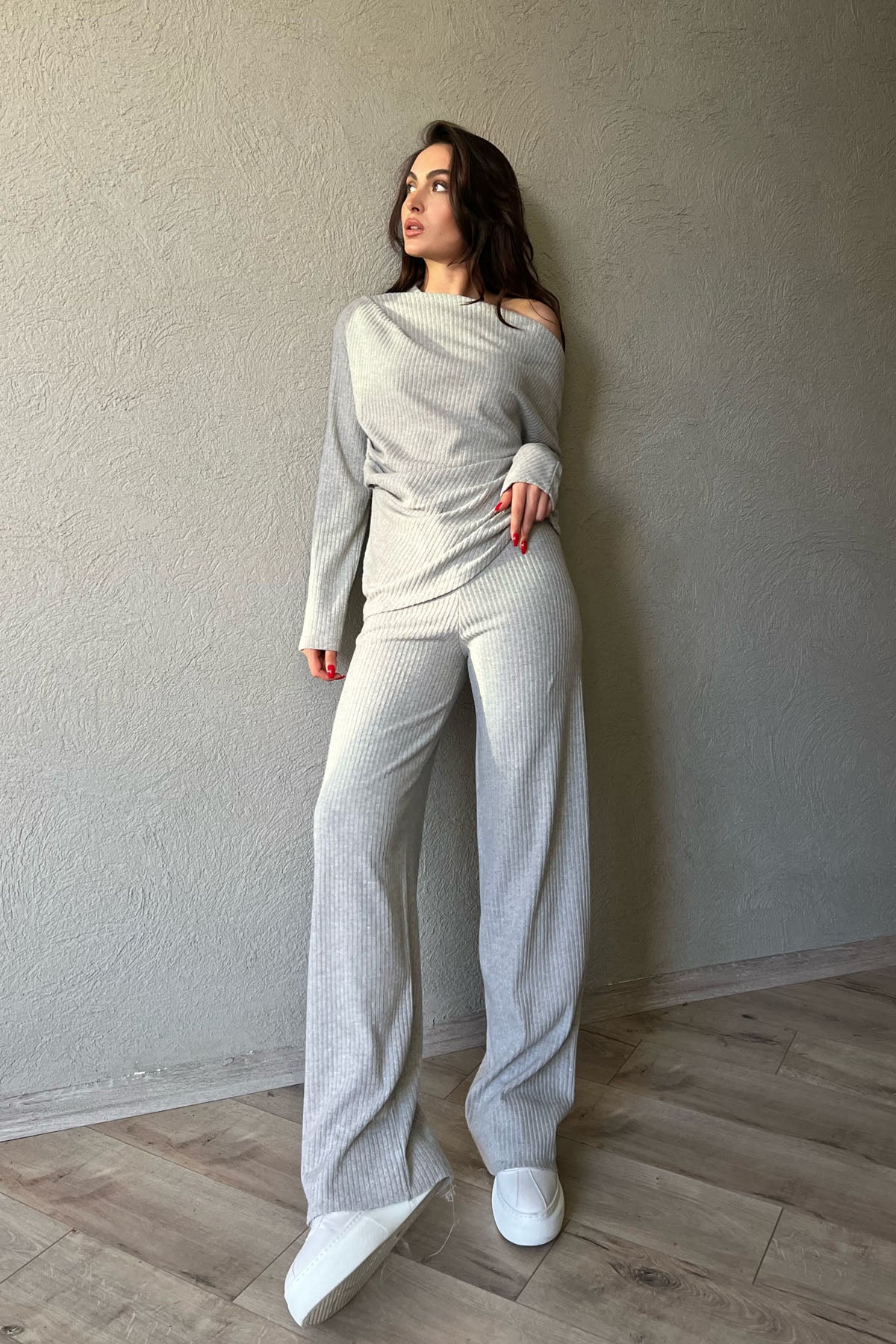 Gri Asimetrik Fitilli Bluz ve Pantolon Triko Takım SY-1299-Gri