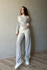 Gri Asimetrik Fitilli Bluz ve Pantolon Triko Takım SY-1299-Gri