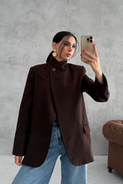 Kahverengi Tek Düğmeli Dik Yaka Detaylı Tasarım Ceket SY-3482-Kahverengi