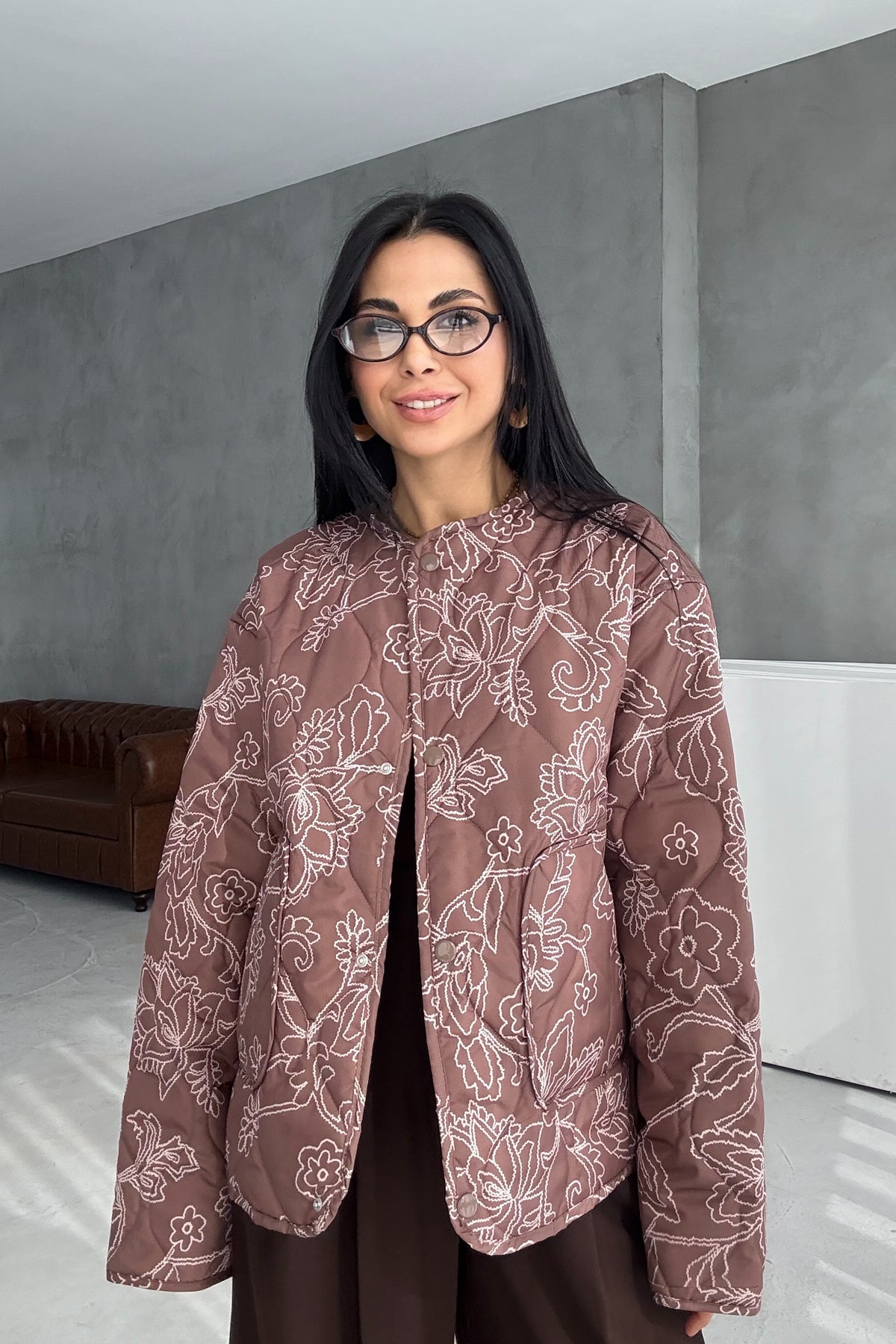 Haki Etnik Desenli Astarlı Kapitone Mont SY-3448-Haki