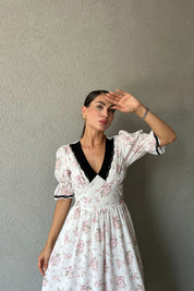 Beyaz Carina Çiçekli Kolu Lastikli Tasarım Elbise SY-2274-Beyaz