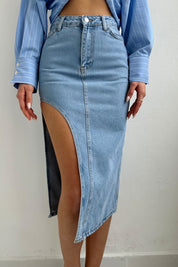 Açık Mavi Yandan Derin Yırtmaç Detaylı Denim Etek SY-0179-Açık Mavi