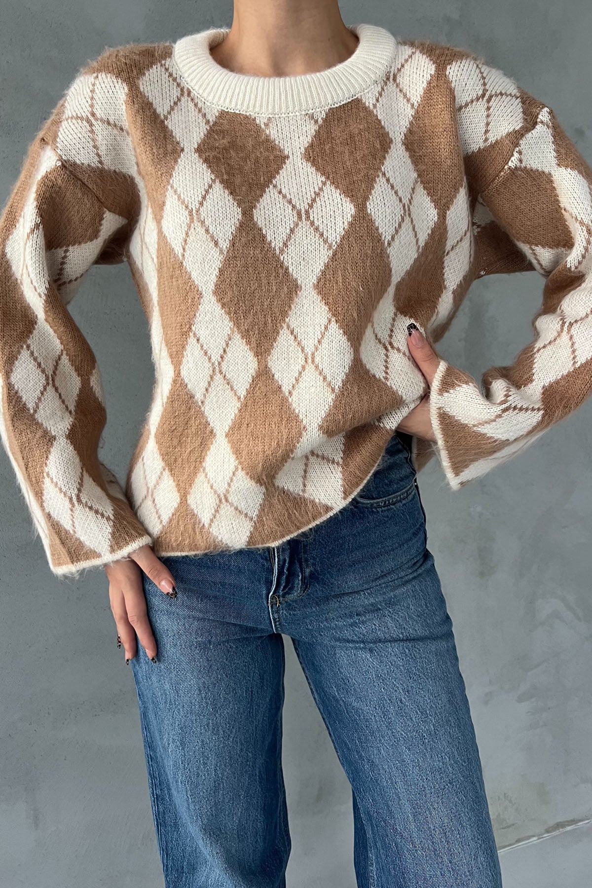 Camel Baklava Desen Kısa Triko Kazak SY-2793-Camel