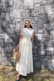 Santorini Çiçek Desenli Midi Elbise-Ekru SY-3661-Ekru
