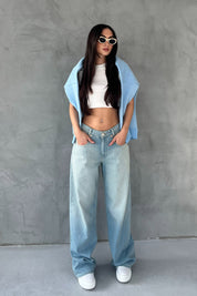 Açık Mavi Düşük Bel Eskitme Süper Wide Leg Jean SY-1713-Açık Mavi
