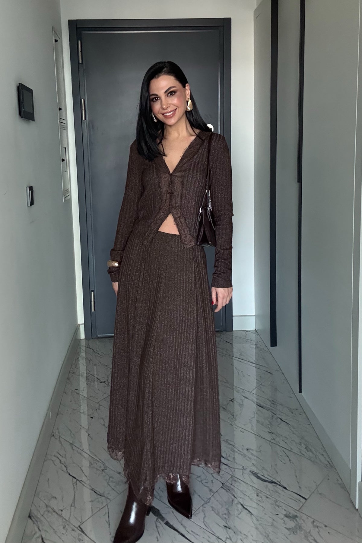 Dantel Detaylı Fitilli Hırka Ve Etek Takım SY-3507-Kahverengi