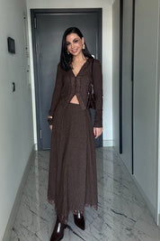 Dantel Detaylı Fitilli Hırka Ve Etek Takım SY-3507-Kahverengi