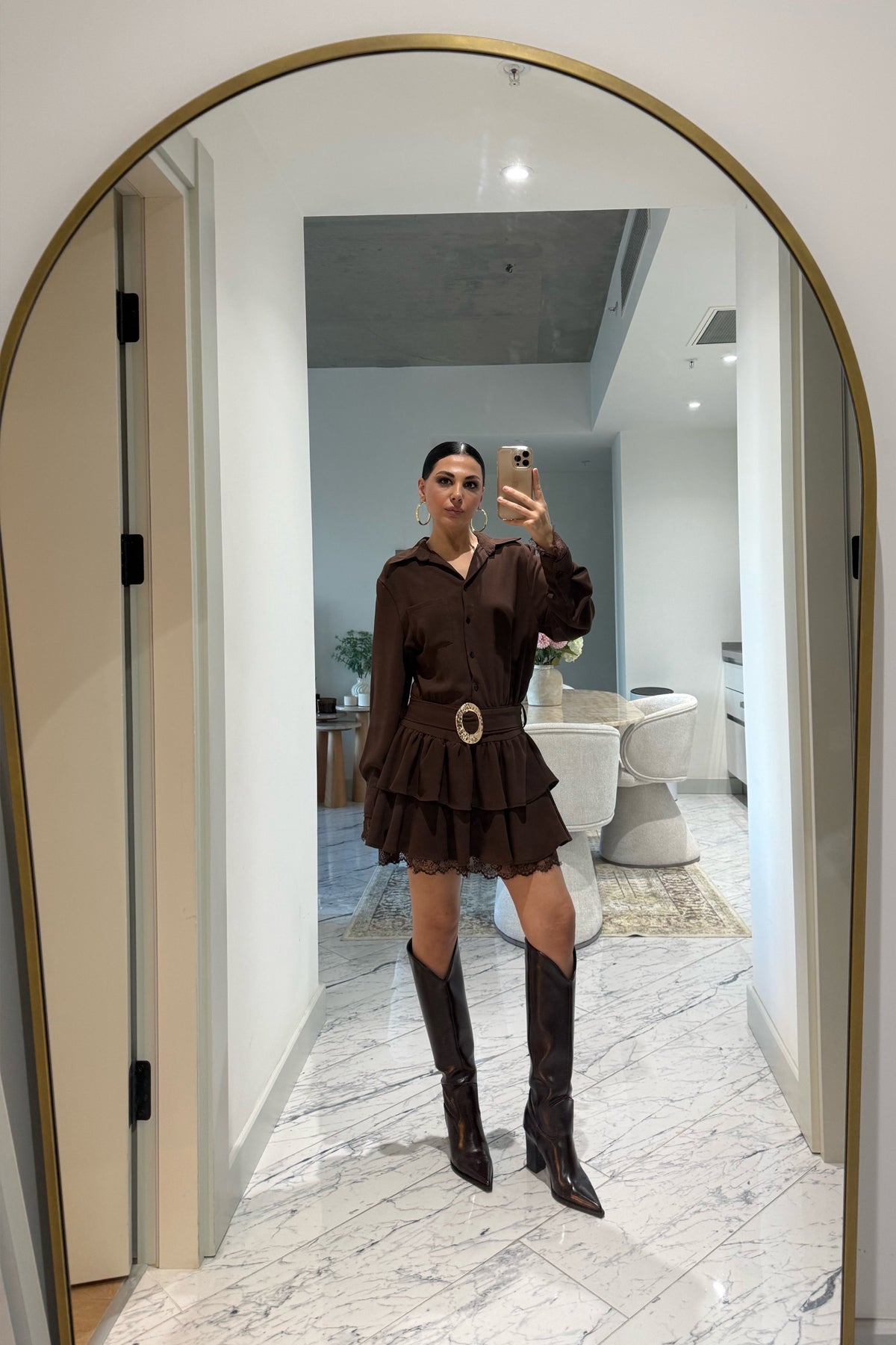 Dantel Detaylı Kemerli Kahve Mini Elbise SY-3490-Kahverengi