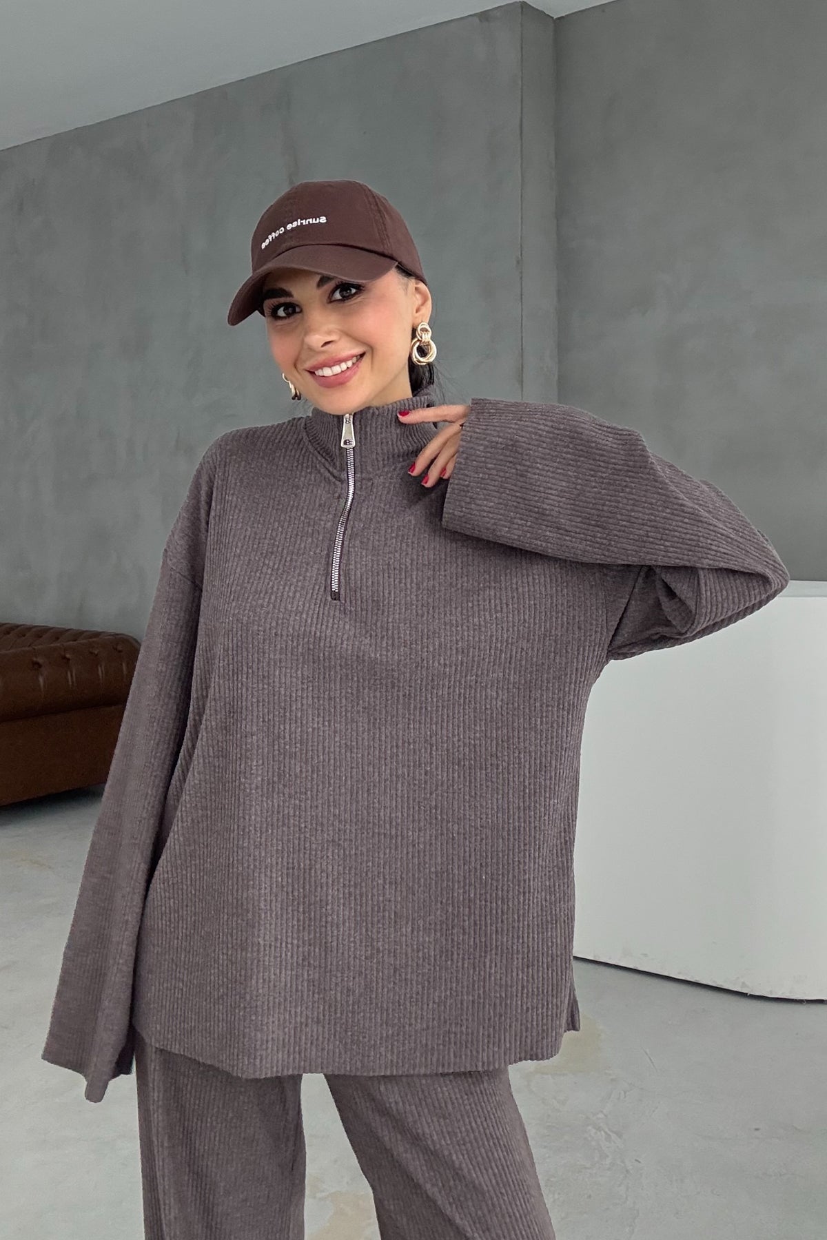 Kahve Fitilli Fermuar Detaylı Alt Üst Takım SY-3451-Kahve