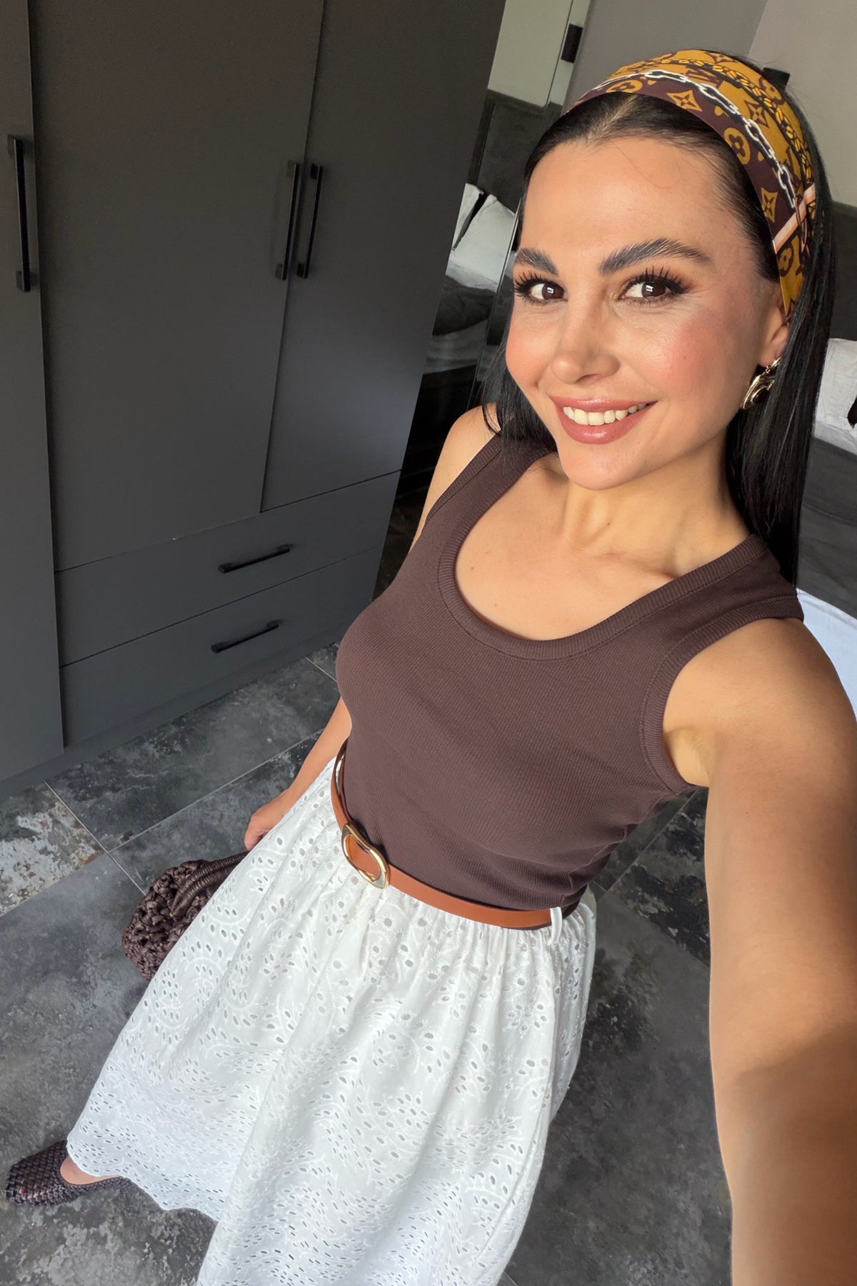 Kahve Çizgili Triko Üst Fisto Detaylı Kemerli Elbise SY-3725-Kahve