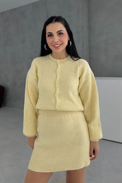 Sarı Kırçıllı Etek Hırka Triko Takım SY-3455-Sarı