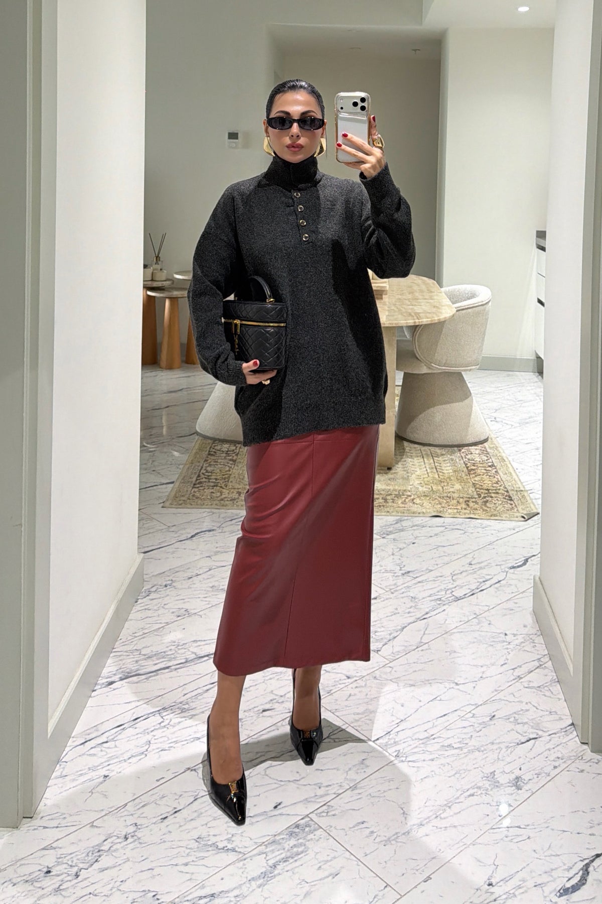 Deri Bordo Kalem Midi Etek SY-3893-Bordo