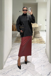 Deri Bordo Kalem Midi Etek SY-3893-Bordo