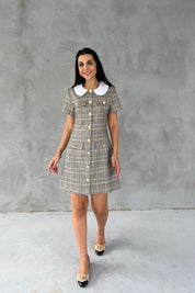 Sarı Ekoseli Bebe Yaka Gold Düğmeli Elbise SY-2544-Sarı